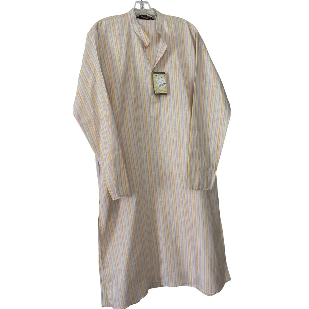 Hazoor Mens Multicolor Pastel Striped Long Tunic Kurta Mandarin Collar 100cm NEW